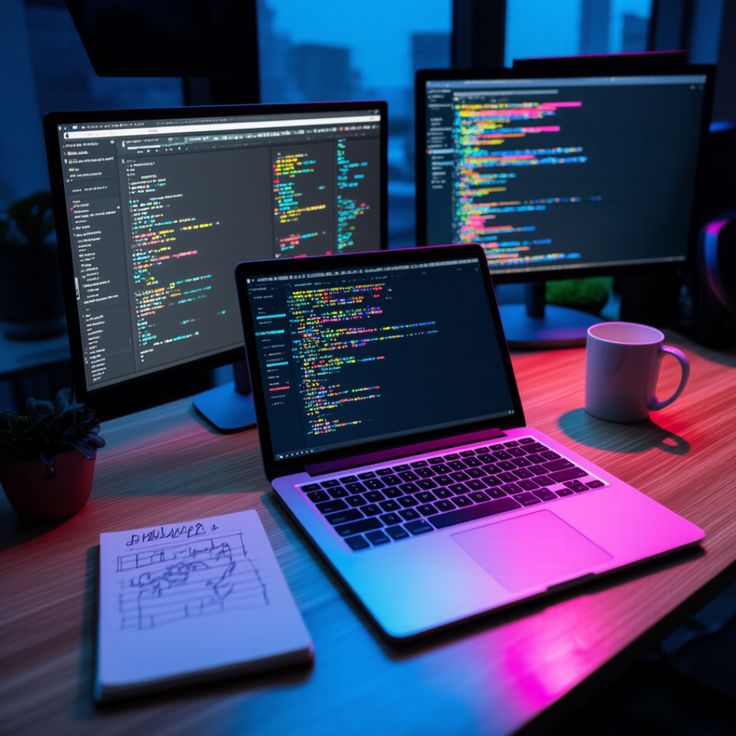 A developer's workspace with multiple screens.